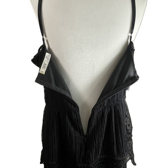DEX Black Crochet Lace Tiered Polka Dot Mini Dress L Spaghetti Strap Lined Fairy - Picture 10 of 16